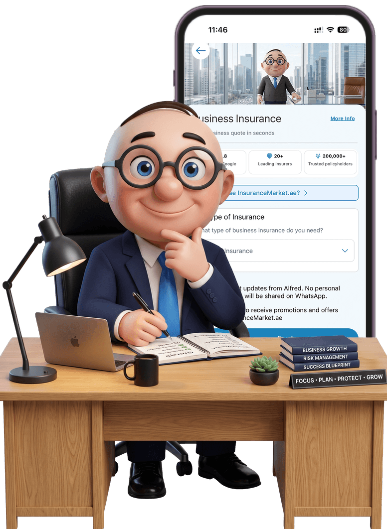 Alfred at an office desk beside a phone showing the myAlfred app