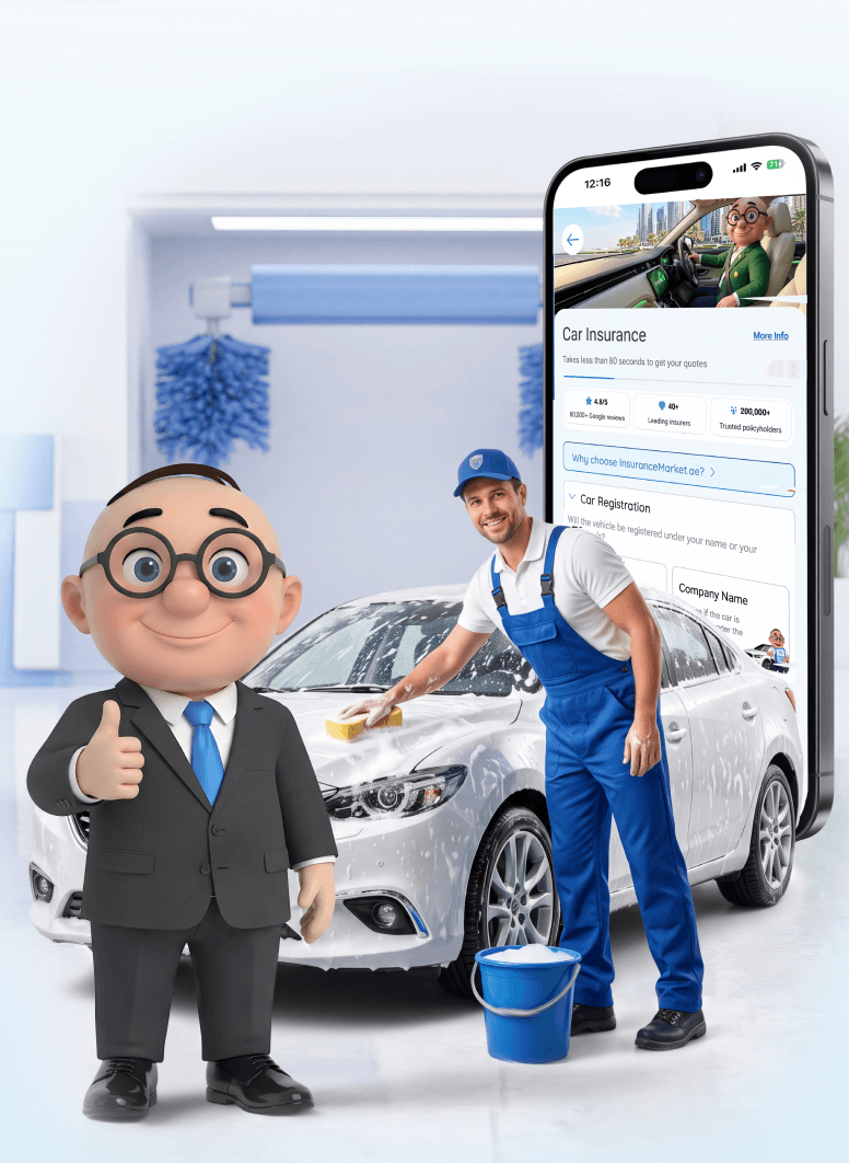 Alfred at a car wash beside a phone showing the myAlfred app