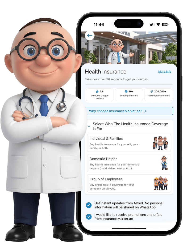 Alfred dressed as a doctor beside a phone showing the myAlfred app
