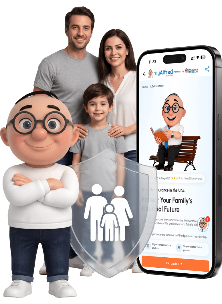 Alfred with a family beside a phone showing the myAlfred app