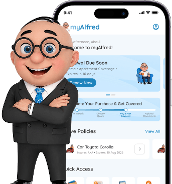 Alfred character with myAlfred app preview