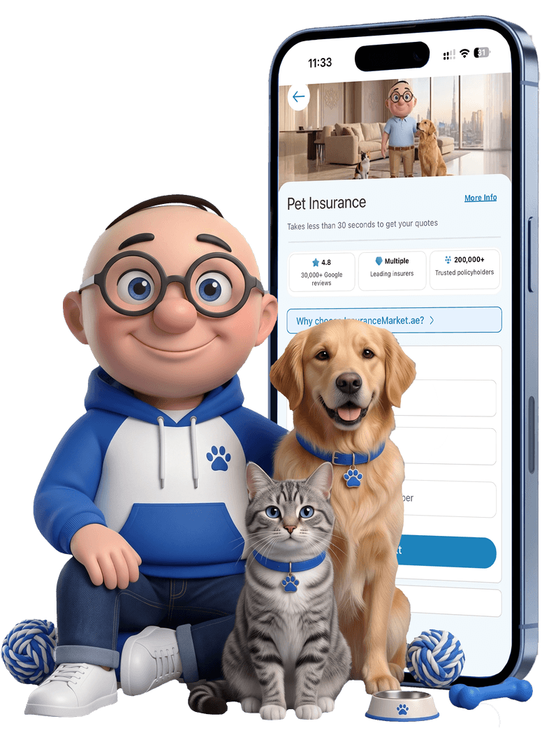 Alfred with a dog and a cat beside a phone showing the myAlfred app