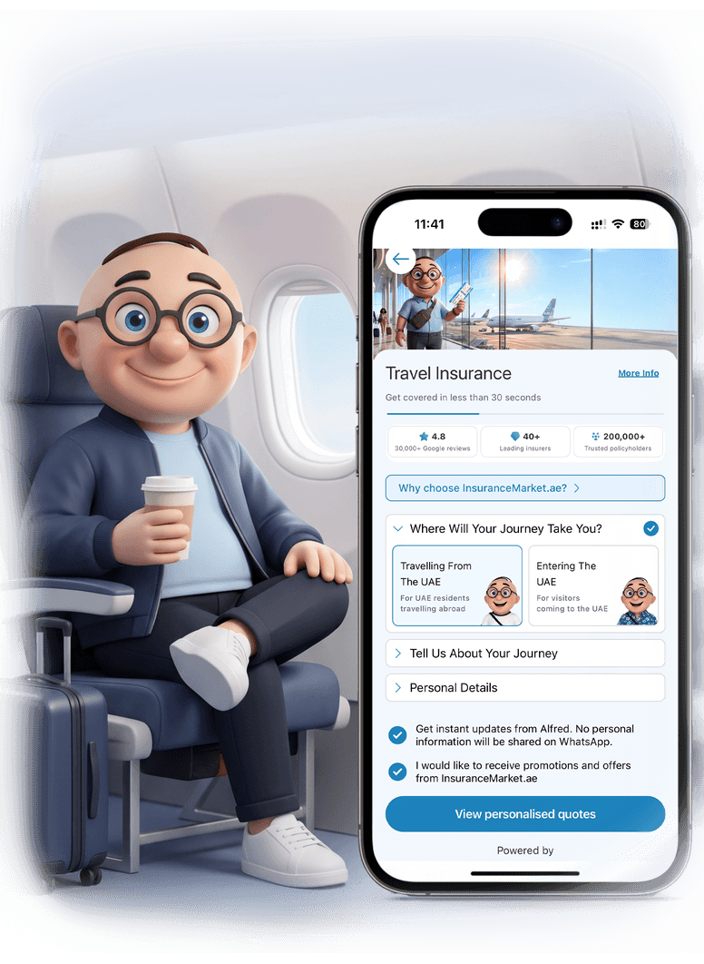 Alfred seated on a plane beside a phone showing the myAlfred app
