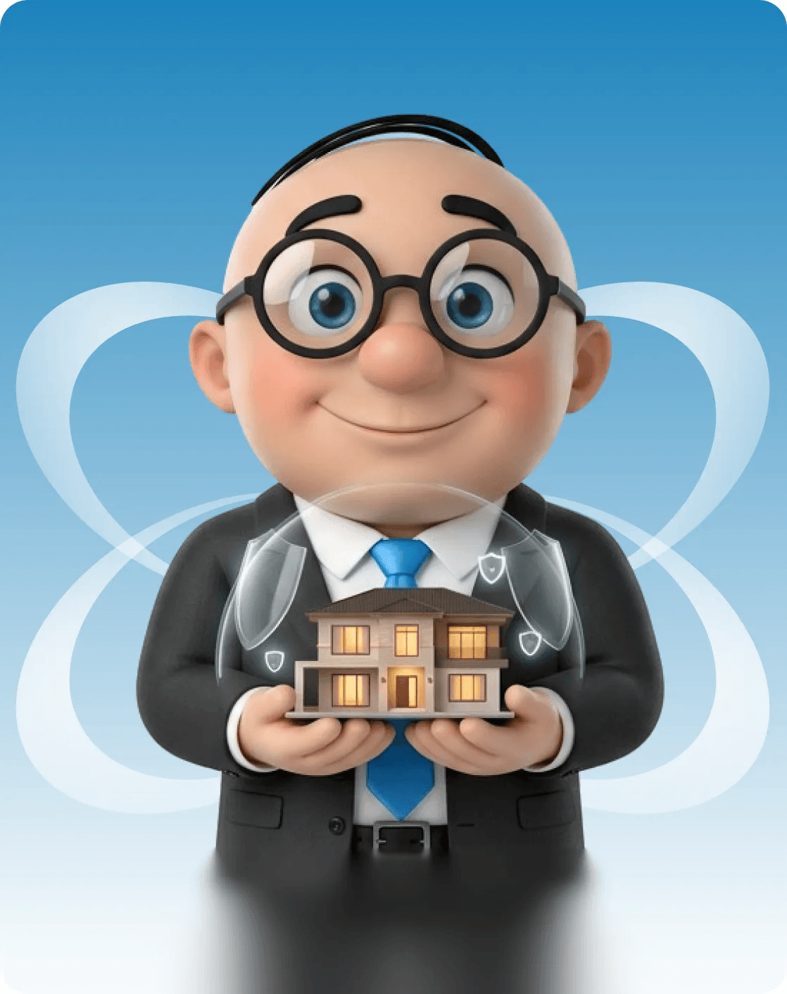 Alfred holding a house protected by insurance shields Alfred holding a house protected by insurance shields