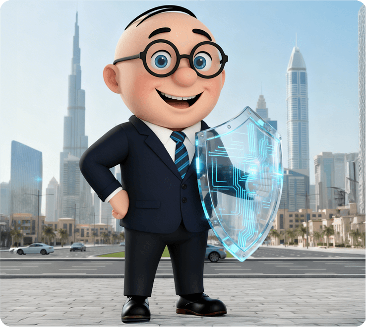 Alfred mascot presenting political violence insurance protection for UAE businesses.