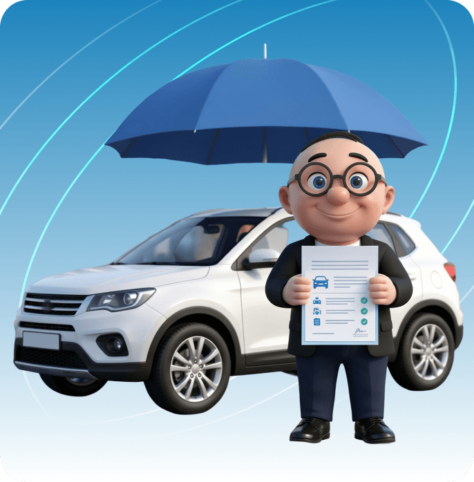 Alfred holding an insurance policy beside a car in Abu Dhabi