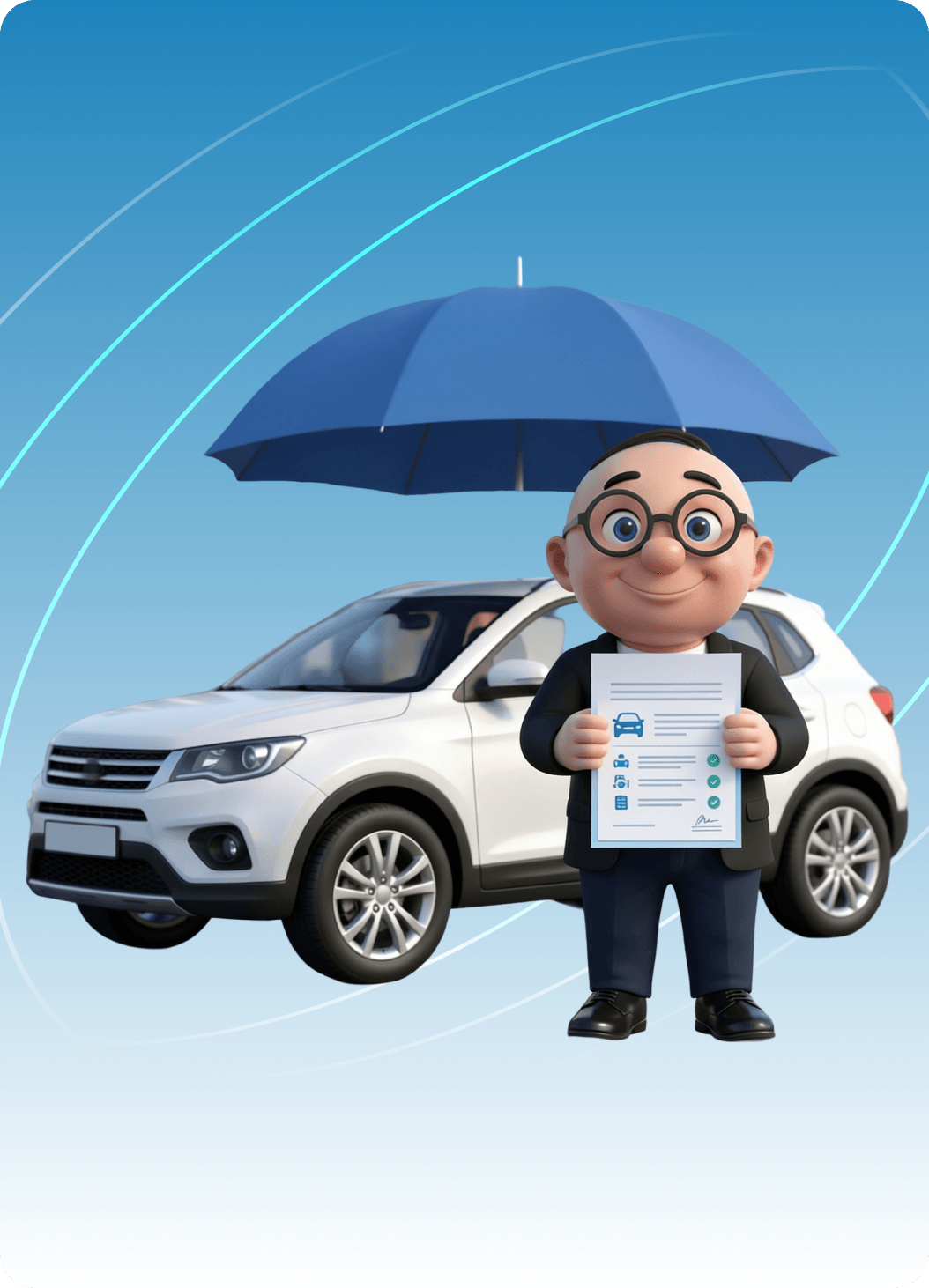 Alfred holding an insurance policy beside a car in Abu Dhabi