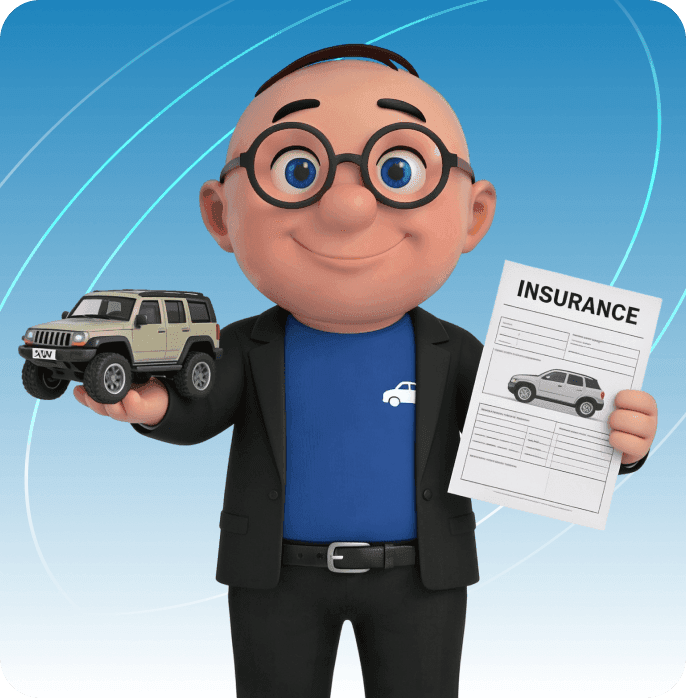 Alfred holding an insurance policy beside a car in Sharjah