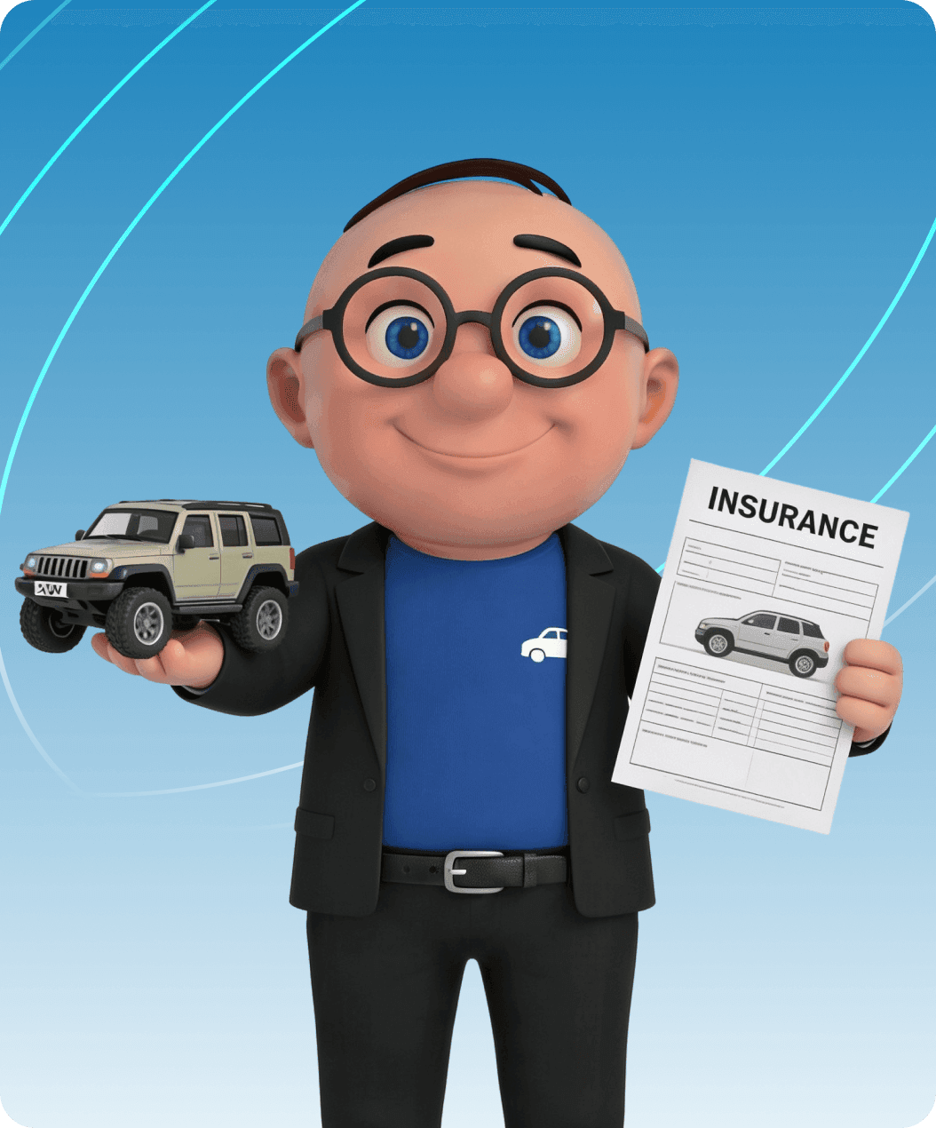 Alfred holding an insurance policy beside a car in Sharjah