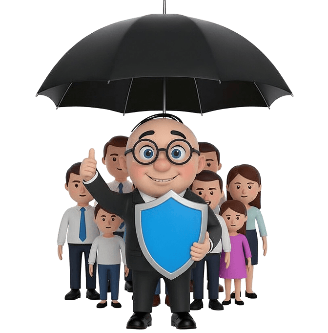 Alfred holding an umbrella with a group of people behind him
