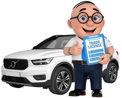 Alfred standing beside a car holding policy documents