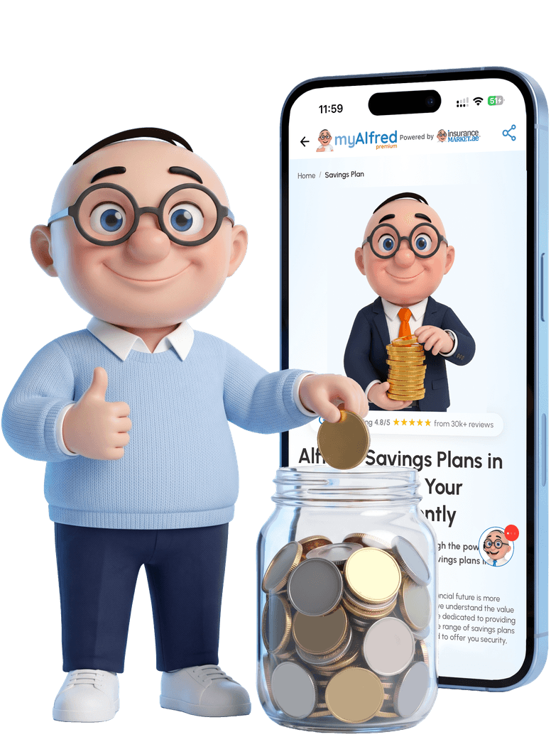 Alfred with a jar of coins beside a phone showing the myAlfred app Alfred with a jar of coins beside a phone showing the myAlfred app