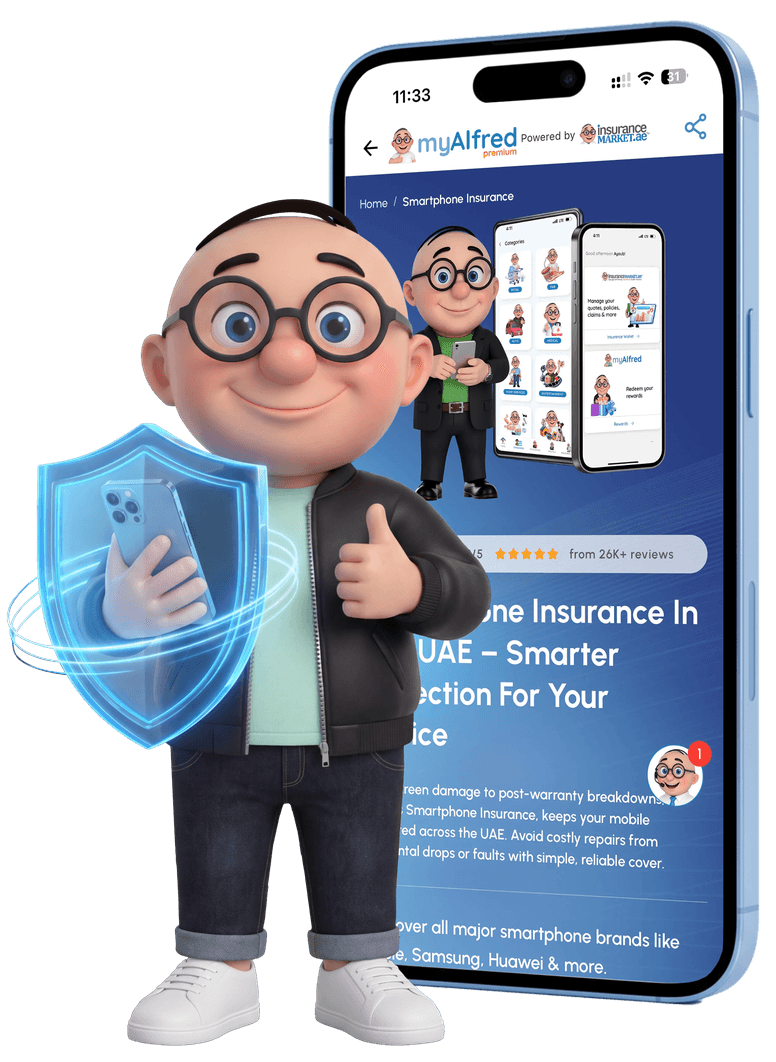 Alfred holding a shielded smartphone beside a phone showing the myAlfred app Alfred holding a shielded smartphone beside a phone showing the myAlfred app