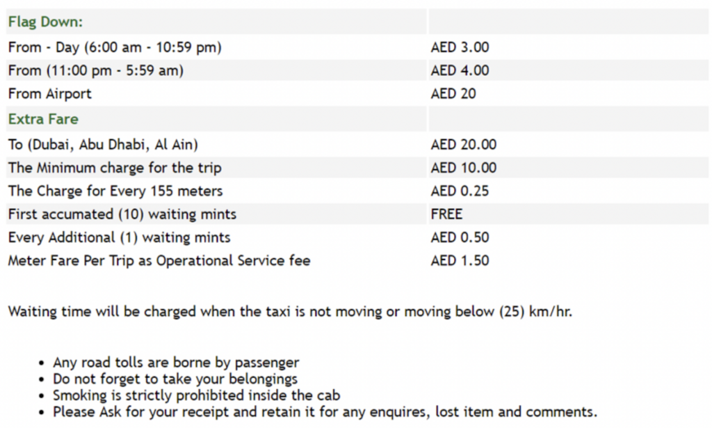 Taxi Fares in Sharjah