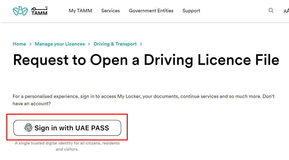 Sign in with UAE Pass for Driving Licence