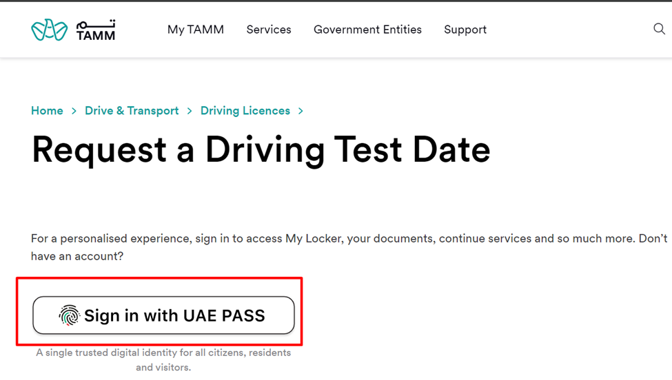 Sign in with UAE Pass for Booking Driving Test